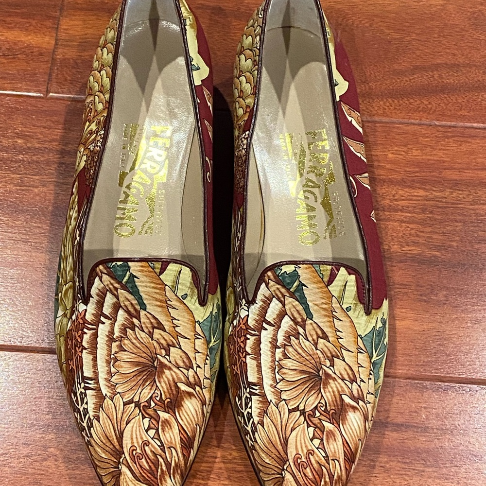 Salvatore Ferragamo  satin flats. Elegant, burgundy, cream and Brown hues.